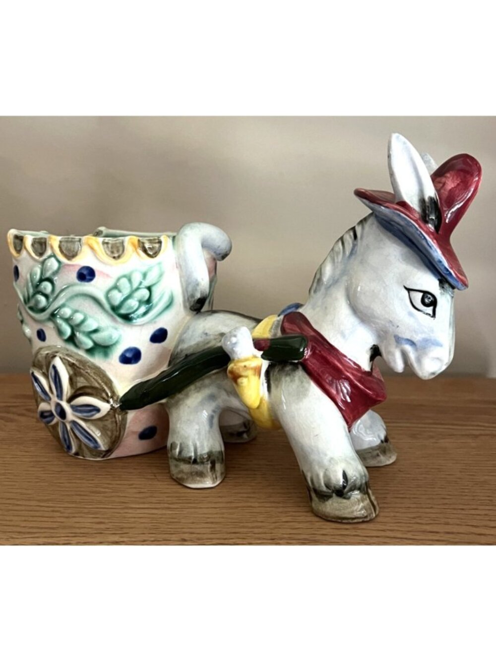Vintage Lefton Donkey with Cart Hand Painted Ceramic Planter Figurines Japanese
